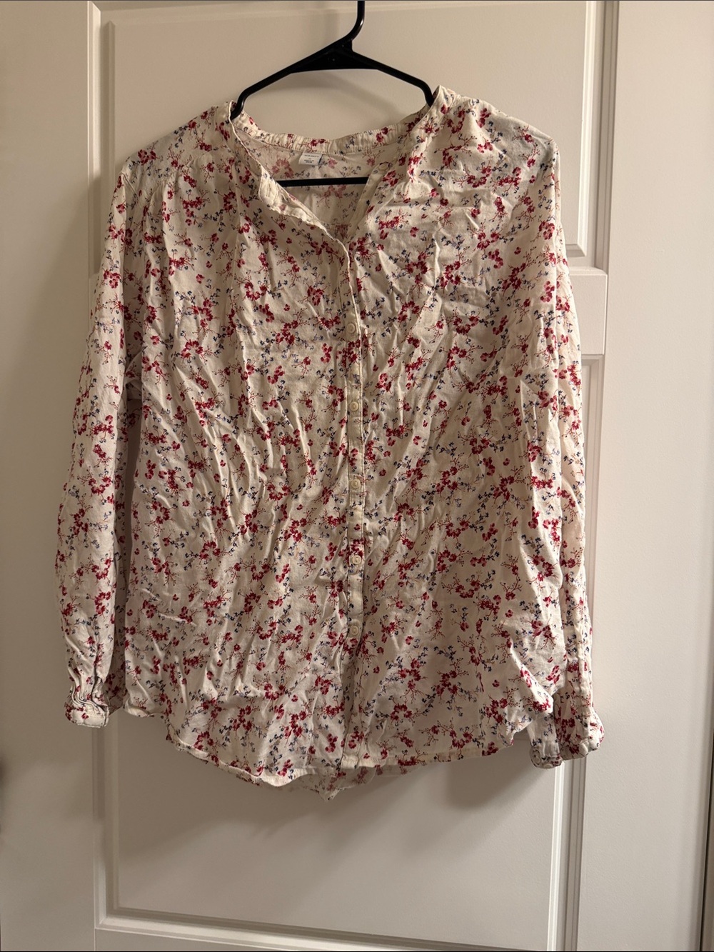 Old Navy Cream Button-Down Shirt with Red Floral Print